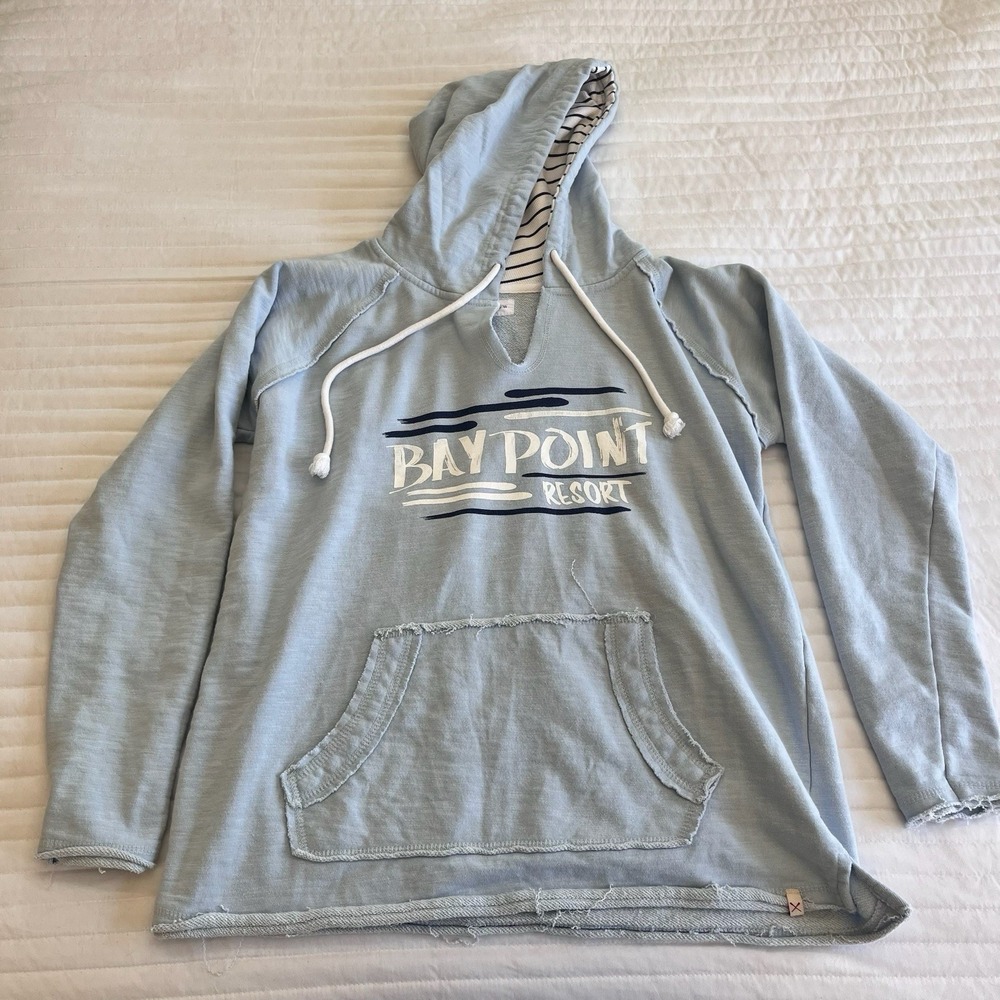 Vineyard Crew Bay Point Resort Hoodie Light Blue Raw Hem Graphic Sweatshirt M